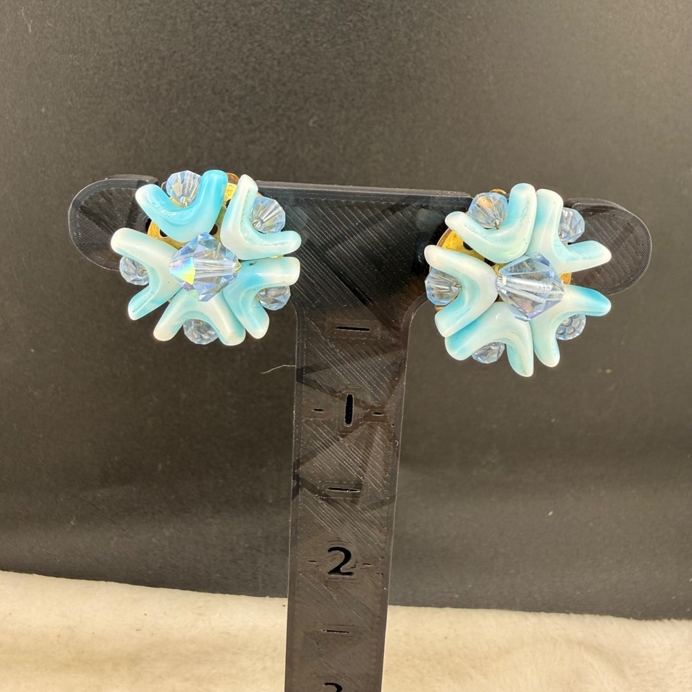 Vintage‎ Clip On Earrings Blue Rhinestone Beaded Cluster